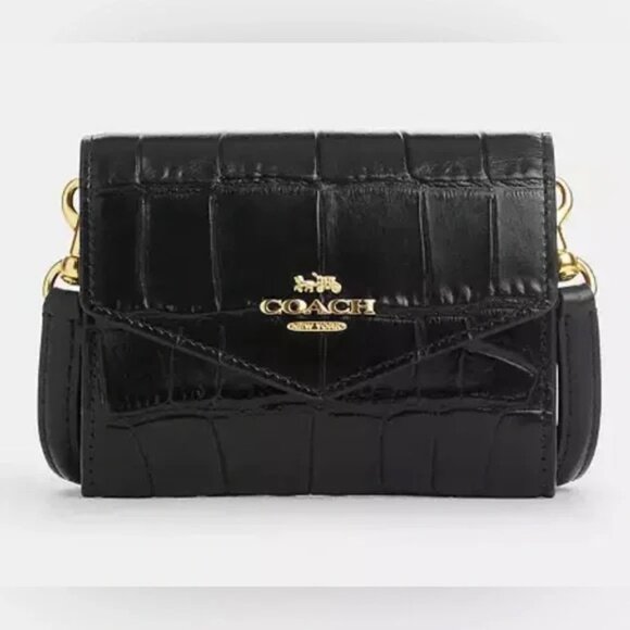 Coach Handbags - Coach Mini Envelope Wallet Croc Embossed Leather with Strap in Black NWT